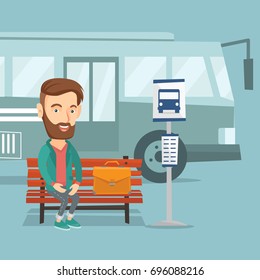 Caucasian hipster man with briefcase waiting for a bus at the bus stop. Young businessman sitting at the bus stop. Man sitting on a bus stop bench. Vector flat design illustration. Square layout.