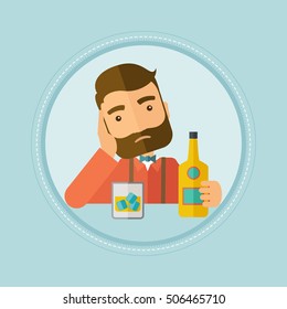 Caucasian hipster man in depression drinking alone at the bar. Sad man sitting at the table with a bottle and a glass at the bar. Vector flat design illustration in the circle isolated on background.