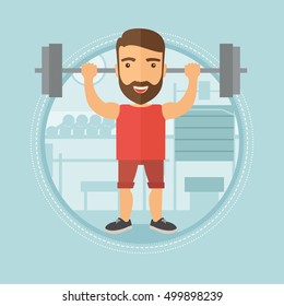 Caucasian hipster man lifting a heavy weight barbell. Sportsman doing exercise with barbell. Male weightlifter holding a barbell. Vector flat design illustration in the circle isolated on background.