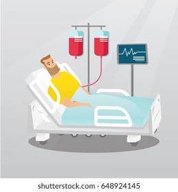 Un hipster caucásico tendido en la cama en un hospital. Pacientes descansando en cama de hospital con un monitor de frecuencia cardíaca. Paciente durante el procedimiento de transfusión sanguínea. Ilustración de diseño plana vectorial. Diseño cuadrado.