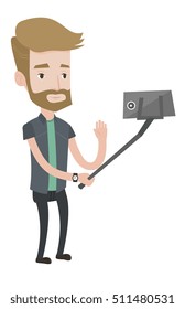 Caucasian hipster man making selfie with a selfie-stick. Man making selfie with cellphone. Young man making selfie and waving his hand. Vector flat design illustration isolated on white background.