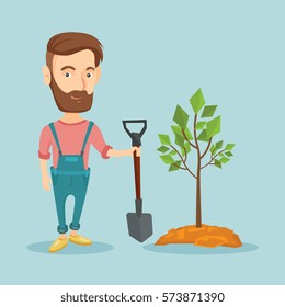 Caucasian hipster man plants a tree. Cheerful man standing with shovel near newly planted tree. Young man gardening. Environmental protection concept. Vector flat design illustration. Square layout.