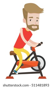 Caucasian hipster man riding stationary bicycle. Sporty man exercising on stationary training bicycle. Man training on stationary bicycle. Vector flat design illustration isolated on white background.