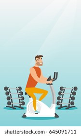 Caucasian hipster man riding stationary bicycle in the gym. Man exercising on stationary training bicycle. Young man training on exercise bicycle. Vector flat design illustration. Vertical layout.