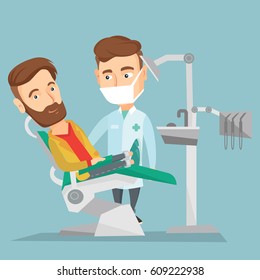 Caucasian hipster man sitting in dental chair while dentist standing nearby. Doctor and patient in dental clinic. Patient on reception at the dentist. Vector flat design illustration. Square layout.