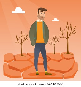 Caucasian hipster man standing in the desert. Frustrated young man standing on cracked earth in the desert. Concept of climate change and global warming. Vector flat design illustration. Square layout