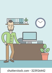 A caucasian hipster man standing in office. Successful business concept. Vector line design illustration. Vertical layout with a text space.