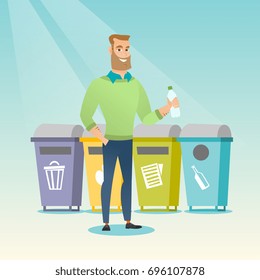Caucasian hipster man throwing away garbage. Man standing near four bins and throwing away garbage in an appropriate bin. Concept of garbage separation. Vector flat design illustration. Square layout.