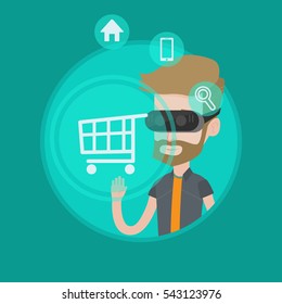 Caucasian hipster man wearing virtual reality headset and looking at shopping cart. Virtual reality and shopping online concept. Vector flat design illustration in the circle isolated on background.