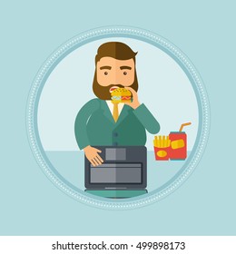 Caucasian hipster man working on laptop and eating hamburger. Fat businessman eating fast food at work. Man biting hamburger. Vector flat design illustration in the circle isolated on background.