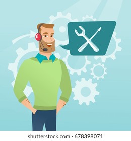 Kaukasischer Hipster-Operator der technischen Unterstützung mit Kopfhörer-Set. Junge Bediener des technischen Supports und Sprachplatz mit Schraubenzieher und Schraubenschlüssel. Vektorgrafik-Illustration. Quadratisches Layout.