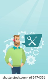 Caucasian hipster operator of technical support wearing headphone set. Young technical support operator and speech square with screwdriver and wrench. Vector cartoon illustration. Vertical layout.