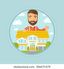 Caucasian hipster real estate agent standing behind the house and giving thumb up. Male real estate agent offering the house. Vector flat design illustration in the circle isolated on background.