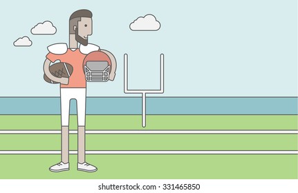 A caucasian hipster rugby player with ball and helmet in hands standing on the stadium. Vector line design illustration. Horizontal layout with a text space for a social media post.