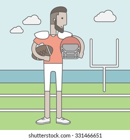 A caucasian hipster rugby player with ball and helmet in hands standing on the stadium. Vector line design illustration. Square layout.