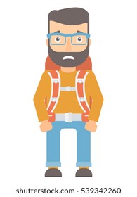 Un turista caucásico hipster con barba sintiendo vergüenza. Avergonzada joven turista con mochila. Turista expresando vergüenza. Ilustración de diseño plana vectorial aislada en fondo blanco.