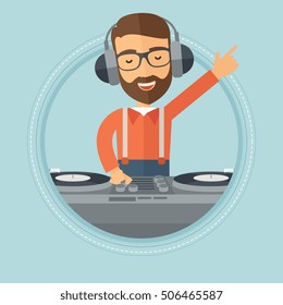 Caucasian hipster young DJ with the beard mixing music on turntables. Young DJ in headphones enjoying by playing and mixing music. Vector flat design illustration in the circle isolated on background.