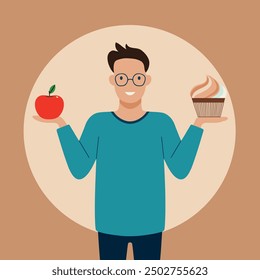 A caucasian hipster young man carries with his two hands cupcake and apple as his balance diet. A Contemporary style with pastel palette, soft beige tinted background. flat design illustration