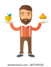 A caucasian hipster young man carries with his two hands cupcake and apple as his balance diet. A Contemporary style with pastel palette, soft beige tinted background. Vector flat design illustration