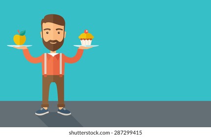 A caucasian hipster young man carries with his two hands cupcake and apple as his balance diet. A contemporary style with pastel palette dark blue tinted background. Vector flat design illustration