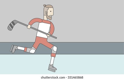 A caucasian hockey player with beard skating with a stick on the ice. Vector line design illustration. Horizontal layout with a text space for a social media post.