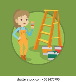 Caucasian house painter holding a paintbrush. House painter with paintbrush in hand standing near step-ladder and paint cans. Vector flat design illustration in the circle isolated on background.