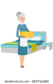 Caucasian housekeeping maid holding stack of linen. Full length of senior housekeeping maid making bed in a hotel room. Hotel room service. Vector flat design illustration isolated on white background