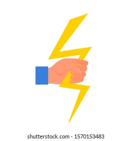 Caucasian human hand holding yellow thunderbolt in fist. Concept of energy and stregth. Isolated on white background. Flat style stock vector illustration.