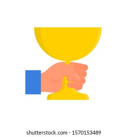 Caucasian human hand holding yellow golden cup in fist. Concept of success. Isolated on white background. Flat style stock vector illustration.