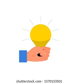 Caucasian human hand holding yellow light bulb in fist. Concept of energy and stregth. Isolated on white background. Flat style stock vector illustration.