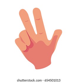 Caucasian human hand showing V for Victory sign, triumph symbol, cartoon vector illustration isolated on white background. Cartoon hand with index and middle fingers raised up