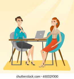 Caucasian human resource manager talking with job applicant. Young female job applicant during job interview for the position. Job interview concept. Vector flat design illustration. Square layout.