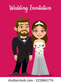 A caucasian husband and wife wearing traditional wedding outfits like tuxedo and white wedding gown are seen standing on a wedding invite. 