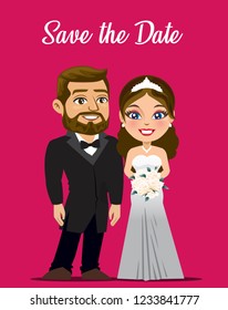 A caucasian husband and wife wearing traditional wedding outfits like tuxedo and white wedding gown are seen standing on a wedding invite. 
