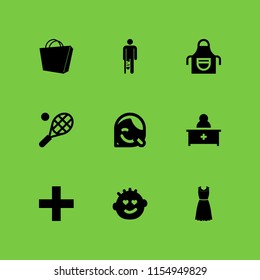 caucasian icon. 9 caucasian set with shopping bag, happy, broken leg and pharmacist vector icons for web and mobile app