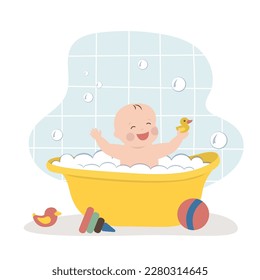 Kaukasische Säuglinge baden in einem Babybad. Frische Babybäder in Schaum und Spielzeug. Hygiene, eine tägliche Routine für Sauberkeit und Gesundheit. Das Badezimmer ist innen. Flache Vektorgrafik