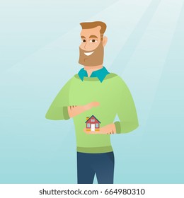 Caucasian insurance agent holding house model. Insurance agent protecting model of the house. Young happy man insuring house. Property insurance concept. Vector flat design illustration. Square layout
