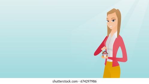 Caucasian insurance agent holding house model. Insurance agent protecting model of house. Young woman insuring house. Property insurance concept. Vector flat design illustration. Horizontal layout.