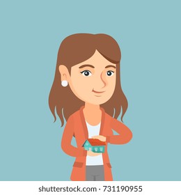 Caucasian insurance agent holding a house model. Insurance agent protecting the model of house. Young woman insuring a house. Property insurance concept. Vector cartoon illustration. Square layout.