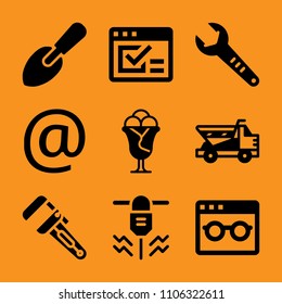 caucasian, interface, sign, www, bricklayer and surface icon vector set. Flat vector design with filled icons. Designed for web and software interfaces