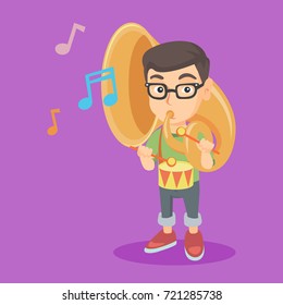 Caucasian kid playing the tuba and the drum. Little boy playing the tuba. Young cheerful boy playing the drum with drumsticks. Vector sketch cartoon illustration. Square layout.