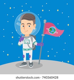 Caucasian kid spaceman holding a flag on a new planet and giving thumb up. Happy kid spaceman in space suit standing on a new planet with a flag in hand. Vector cartoon illustration. Square layout.