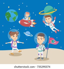 Caucasian kids astronauts in space suits floating in space, riding a spaceship, settling a flag. Group of little children playing in the astronauts. Vector cartoon illustration. Square layout.