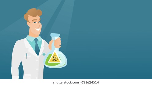 Caucasian laboratory assistant in medical gown showing a flask with biohazard sign. Young laboratory assistant holding a flask with biohazard sign. Vector flat design illustration. Horizontal layout.