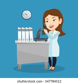 Caucasian laboratory assistant working with microscope. Young female scientist working at the laboratory. Laboratory assistant using a microscope. Vector flat design illustration. Square layout.