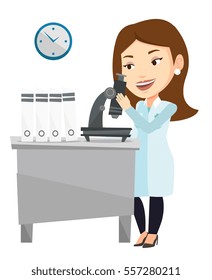 Caucasian laboratory assistant working with microscope. Young scientist working at the laboratory. Laboratory assistant using a microscope. Vector flat design illustration isolated on white background