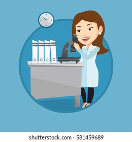 Caucasian laboratory assistant working with microscope. Scientist working at laboratory. Laboratory assistant using a microscope. Vector flat design illustration in the circle isolated on background.
