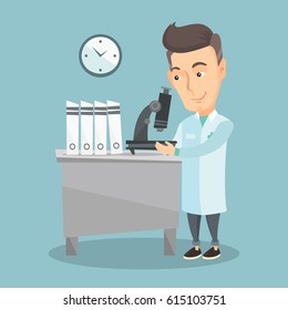 Caucasian laboratory assistant working with microscope. Adult scientist working at the laboratory. Laboratory assistant using a microscope. Vector flat design illustration. Square layout.