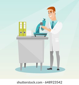 Caucasian laboratory assistant working with a microscope. Young smiling scientist working in the laboratory. Laboratory assistant using a microscope. Vector flat design illustration. Square layout.