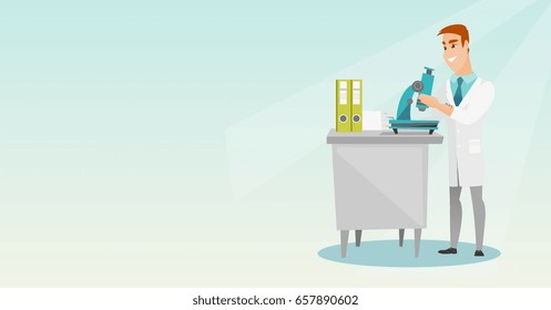 Caucasian laboratory assistant working with a microscope. Young smiling scientist working in the laboratory. Laboratory assistant using a microscope. Vector flat design illustration. Horizontal layout